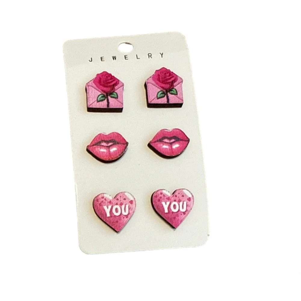 Pink Rose and Heart Earring Set